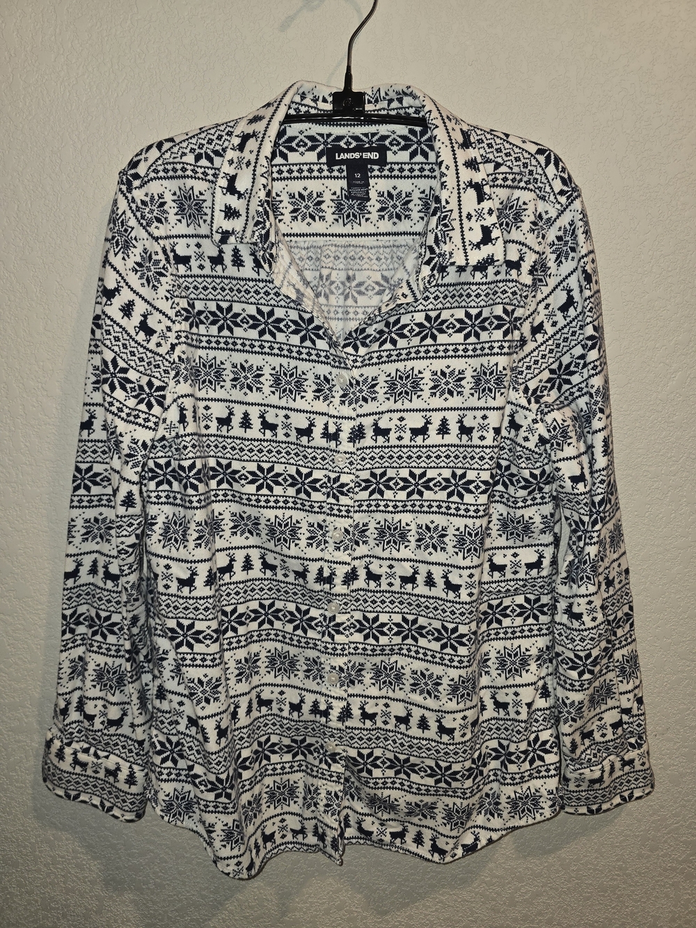 Lands' End Women Size 12 Fair Isle Snowflake Reindeer Flannel Shirt Blue White